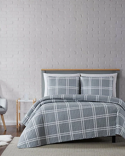 Truly Soft Leon Plaid Grey Quilt Set Home