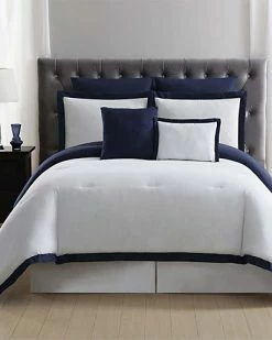Truly Soft Everyday Hotel Border White & Navy 7pc Comforter Set Home